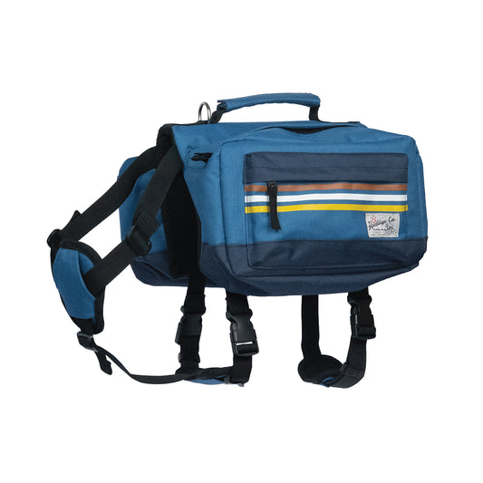 45-degree view of a durable dog backpack, showcasing its ergonomic design and secure fit.